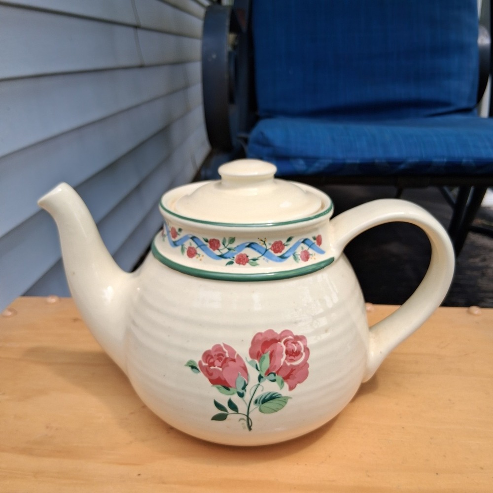 Vintage 90s Cottagecore Treasure Craft Pottery Stoneware Teapot Country Rose USA